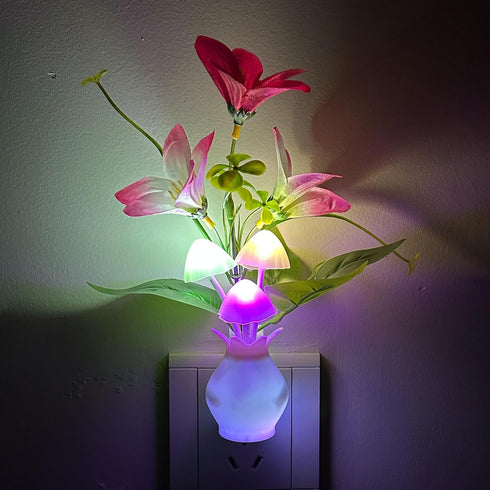 1W Plug-in Night Light with Auto Light Sensor, RGB LED Mushroom Night Light Wall Based Flower Lamp Energy Efficient