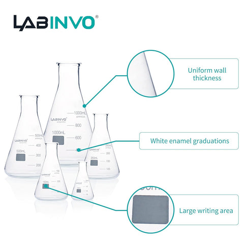 Narrow Mouth Graduated Glass Erlenmeyer Flask Set | 1pc of Vol.50 150 250 500 1000 ml, 3.3 Borosilicate Glass