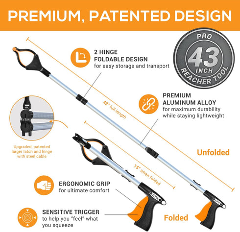 43" 2-Pack EZPIK Pro Foldable Grabber Reacher Tool for Seniors - Grabbers for Elderly Reaching Tool Heavy Duty Pickup