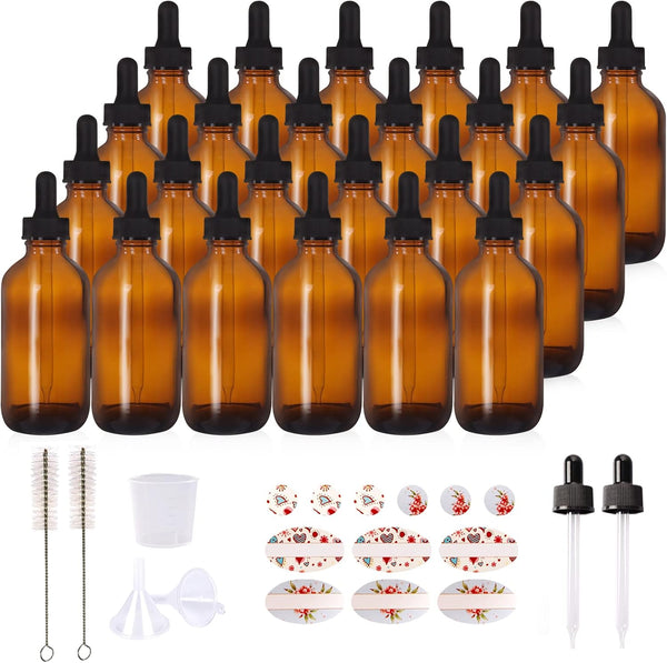 24 Pack 4oz Amber Glass Bottles with Glass Eye Droppers for Essential Oils, Lab Chemicals & More