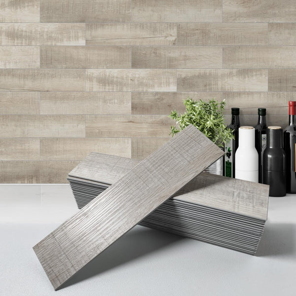 W&S 24 PCS Beige Distressed Wood Peel and Stick Backsplash Tiles,Stick on
