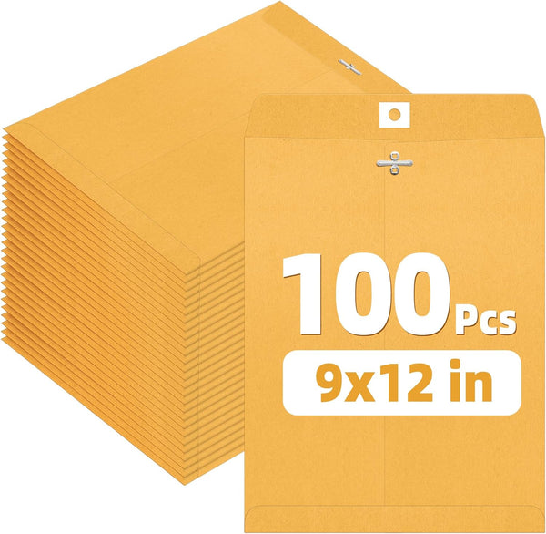 SUNEE 9x12 Clasp Envelopes 100 Count - Brown Kraft Envelopes with Clasp Closure for Home, Office, Business, Legal
