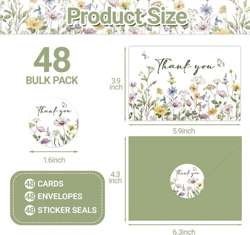 SMUAENSS 48 Pack Floral Thank You Cards With Envelopes,Watercolor Wildflower Thank You Cards for Baby Shower Weddings
