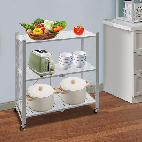Oiveinya Cart,3-Tier Foldable Storage Rolling Portable Utility Service Cart with Wheels Folding Metal Cart Organizer