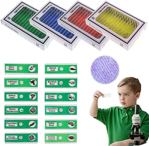 Prepared Microscope Slides for Kids, 48pcs Plastic Animals Insects Plants Flowers Sample Specimens for Homeschooling