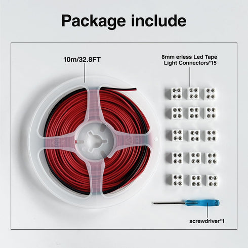 15Pack 2pin LED Strip Connector with 32.8ft Wire - Tighten Screw Terminal Blocks for 5-24v LED Tape Light (2P-8MM)