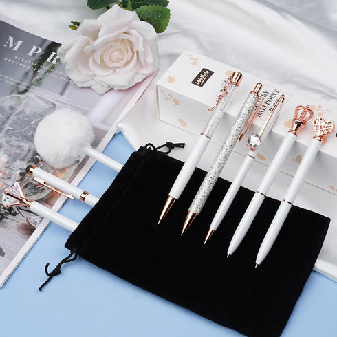 WEMATE 8Pcs Ballpoint Pens Set, Metal Crystal Diamond Glitter Pens for Journaling, White Pen Bling in Black & Blue Ink,
