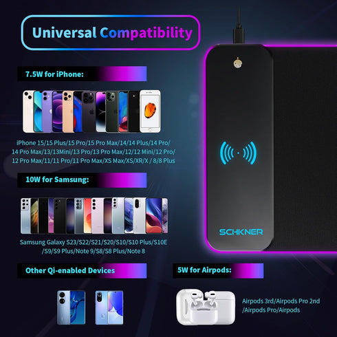 Large RGB Gaming Mouse Pad with Wireless Charging, LED Light, Non-Slip Rubber Base, Waterproof Desk Pad for Home Office