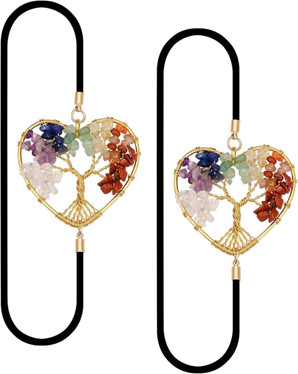 Yoption 2 Pack Tree of Life Elastic Bookmark, Golden Heart Shape Vintage Bookmarks with 7 Chakra Crystals
