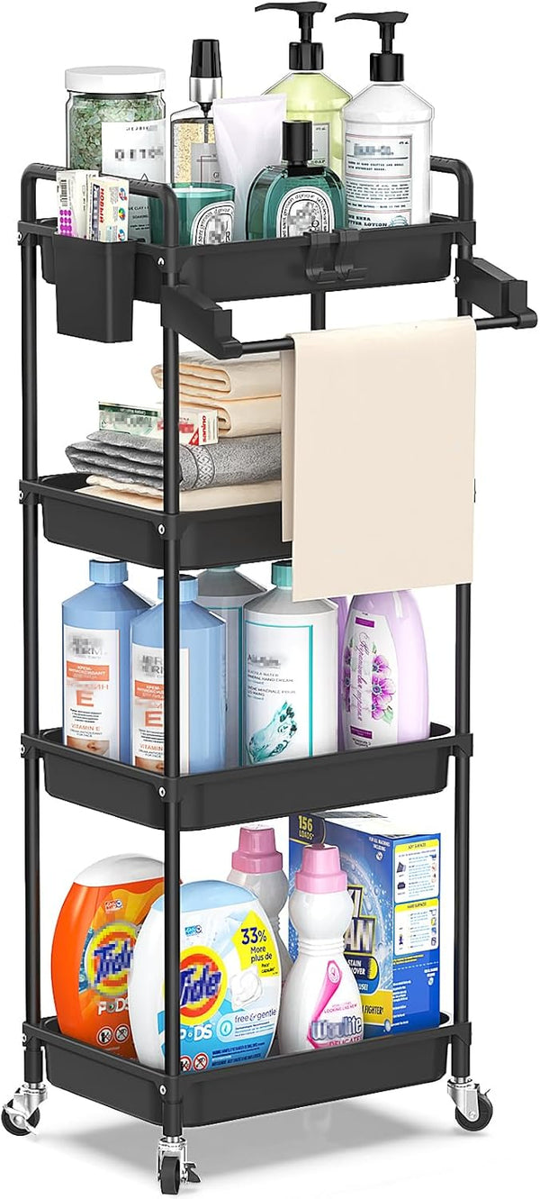 SPACEKEEPER Rolling Storage Cart, 4-Tier Mobile Bathroom Organizer with Towel Rack, Lockable Wheel, Hooks & Cup