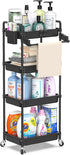 SPACEKEEPER Rolling Storage Cart, 4-Tier Mobile Bathroom Organizer with Towel Rack, Lockable Wheel, Hooks & Cup
