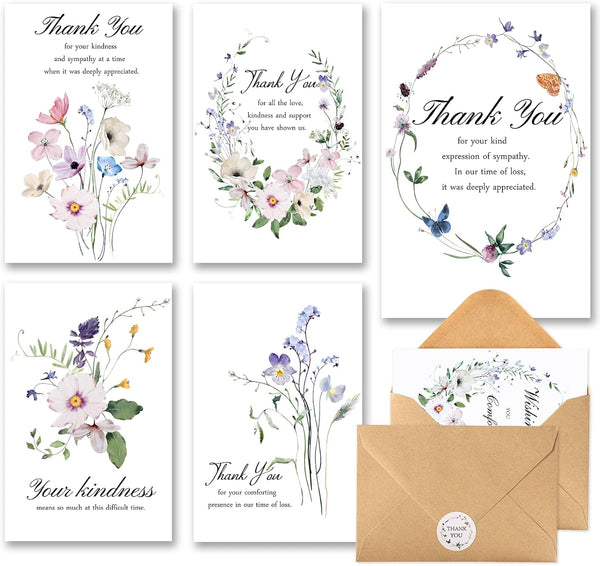 C2U Funeral Thank You Cards with Envelopes(20 Pack 4"x6"),Stickers & Message Inside