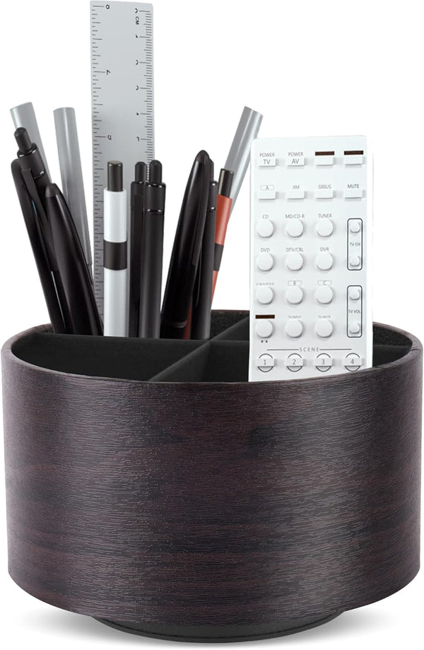 Hennaja Round Leather Art Supply Organizer, 360 Degree Spinning Multi-Functional Pencil Holder with 4 Compartments