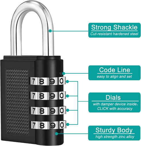 ZHEGE Gym Lock, 4 Digit Combination Padlock for Locker, School, Storage, Black