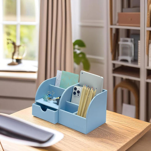 UnionBasic Desk Organizer, Blue Multifunctional Leather Desktop Pen Holder for Business Card, Pen & Mobile Phone