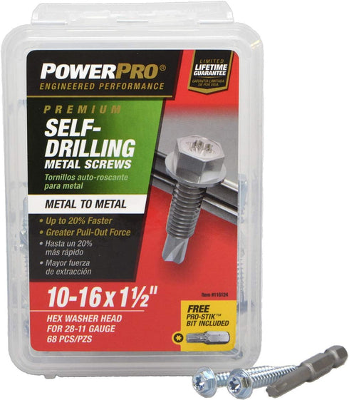 Power Pro Premium Self-Drilling Metal Screws, Zinc Plated Steel, #10 x 1-½ inches, Box of 68