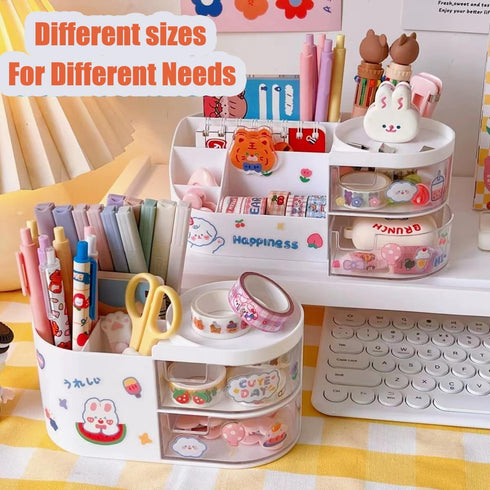 Kawaii Stationery Storage Box Makeup Organizer with 2 Drawers, Kawaii Pen Organizer with Stickers DIY Fun, Desk Organizers and Accessories with 5 Compartments for Teen Girls Office Art Supplie by Hibucuo