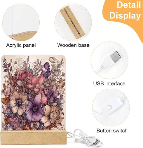 KNASNCHD Floral Design Pattern Night Light with Wood Base USB Interface Power Supply,Bedside Table Lamp Acrylic Home