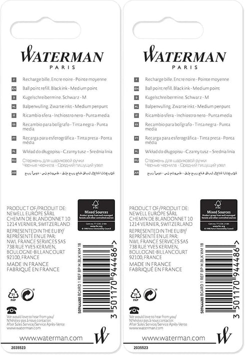 Waterman Black Medium Point Ballpoint Pen Refill, 2 Pack