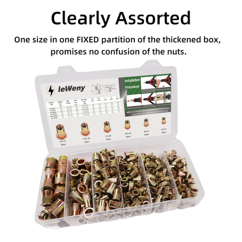 ieWeny Kit(278Pcs), 1/4"-20, 3/8"-16, 5/16"-18, #10-24, #8-32, #6-32UNC Set, Rivet Nut Assortment SAE Carbon Steel