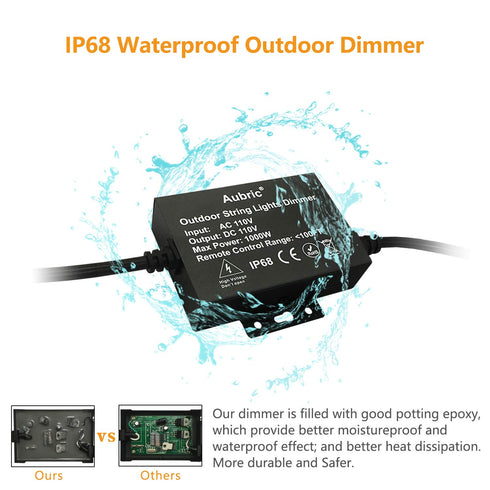Dimmer 1000W IP68 3 Dimmer Dimmable Outdoor Switch for String Lights, Max Power Waterproof Wireless RF Remote Control
