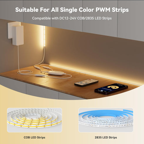 PAUTIX 2-Way Dimmer Google,14-Key 12-24V 3528/2835/5050/COB RF WiFi Smart Remote for Single Color LED Strip Lights,Work