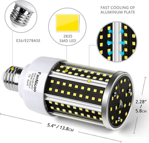 LED Corn Light Bulb 2 Pack 200W Equivalent Cool Bright Daylight White 30W 6500K 3000 Lumen E26/E27 Medium Base