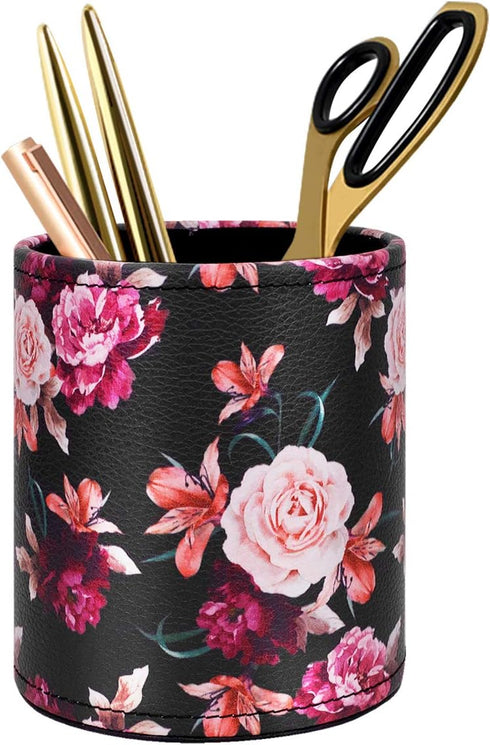 Pen Pencil Holder, WAVEYU Floral Flower Pattern Pen Cup Container, PU Leather Desk Organizer for Office Home Decoration