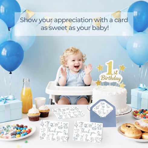 Oaken Leaford 48-Pack Set Baby Shower Thank You Card with Envelopes & Stickers, Cute Blue Cartoon Design Blank Note