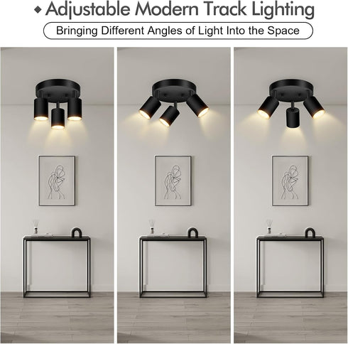 3 GU10 Bulb Light Track Lighting Fixtures Ceiling, Matte Black Round Directional Ceiling Spotlight, Flush Mount