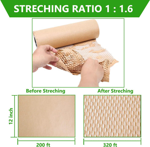 Eco Friendly Honeycomb Packing Paper Wrap 12"x200' Roll with 20 Fragile Sticker Labels