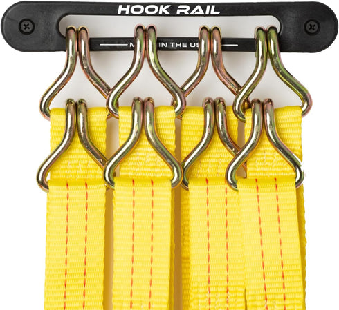 Hook Rail - 2/pk for Organizing Tie-Down Straps, Low-Profile Wall-Mounted Cargo Strap Management for Home or Garage