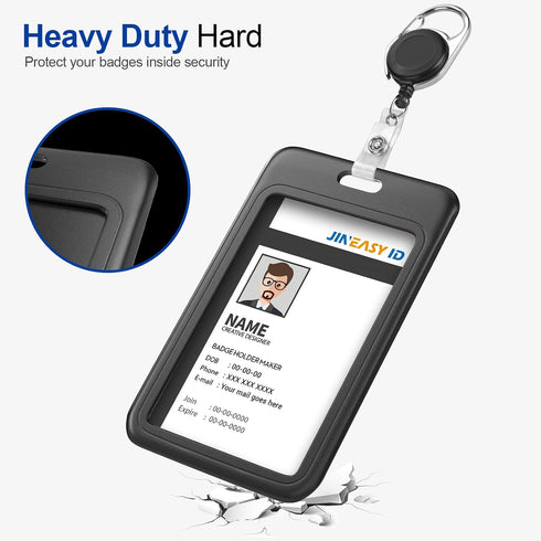JINEASY ID 2 Pack Hard Plastic ID Badge Holder, Vertical Card Holder for Work Key Cards, Heavy Duty, Black