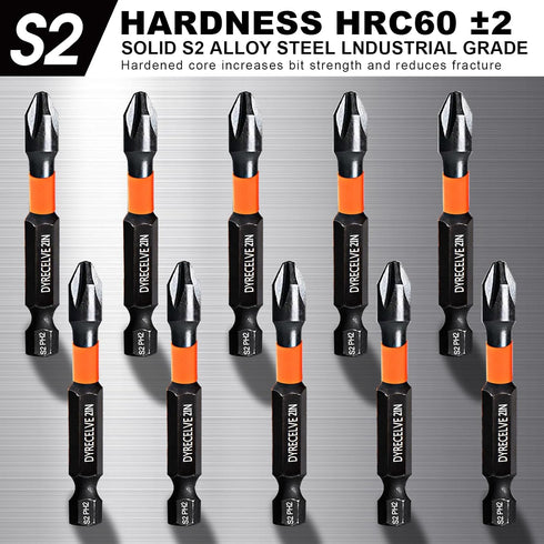 10-Pack Phillips Bits #2 Impact Magnetic, 2-Inch Long PH2 Bits, Premium S2 Alloy Steel Drill Bits
