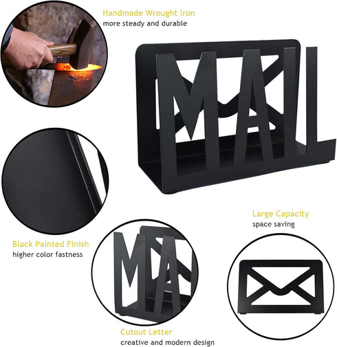 Desktop Letter Holder, Two-Sided Black Metal Cutout Mail Sorter, Envelope Holder for Home Office School