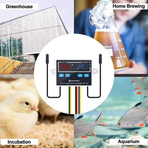 Digital Dual Temperature Controller 120V, Fahrenheit Thermostat 10A with 2 Waterproof Probes, Heating Cooling Switch