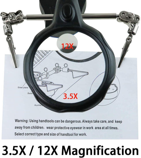 Helping Hands Magnifying Glass Soldering Station, LED Lighted 3.5X 12X Magnifier with Clips