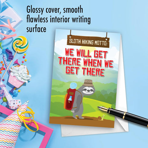 NobleWorks Cute Belated Birthday Card with Envelope, Funny Wild Animals and Pets, Birthday Greeting - Sloth Hiking