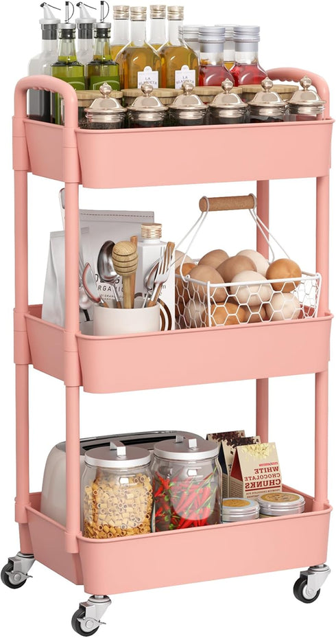 Sywhitta 3-Tier Plastic Rolling Utility Cart, Multi-Functional Storage Trolley with Handle, Pink