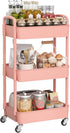 Sywhitta 3-Tier Plastic Rolling Utility Cart, Multi-Functional Storage Trolley with Handle, Pink