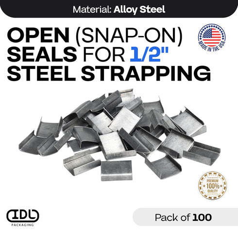 IDL Packaging Open (Snap-On) Seals for 1/2" Strap Width Steel Strapping, Pack of 100