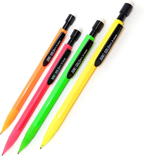 June Gold 12 Mechanical Pencils - 1.3 mm HB #2 Graphite Lead with 30 Refills & 12 Refill Erasers
