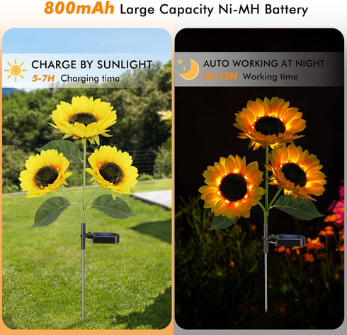 Solar Sunflower Lights, 800mA Solar Garden Light with Real Looking Flowers for Outdoor Waterproof Stake Lights (2 Pack)