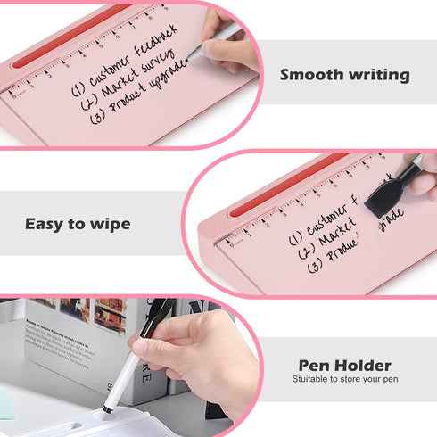 Desktop Glass Whiteboard with Mirror & Calculator (12 Digit LCD Display) & Ruler Marker, Tilted Keyboard Stand, Pink