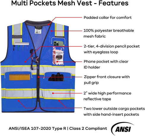 Reflective Safety Vest, Blue Mesh, High Visibility with Pockets and Zipper, Padded Neck, Blue with Yellow Trim