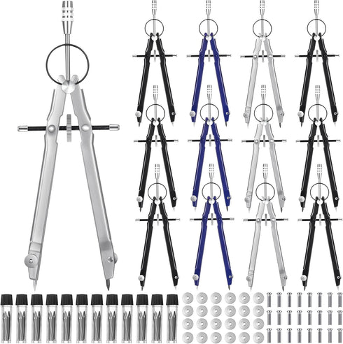 Zonon 12 Pcs Professional Geometry Compass Drawing Tool, Metal Compass with Extra Refills for School
