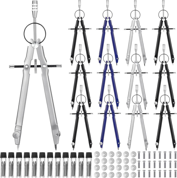 Zonon 12 Pcs Professional Geometry Compass Drawing Tool, Metal Compass with Extra Refills for School