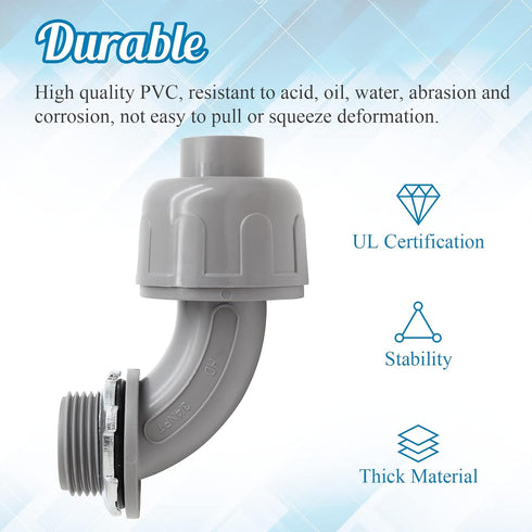 3/4 Inch NPT Liquid Tight Connector, 90 Degree Nonmetallic PVC Electrical Fitting, 6Pcs