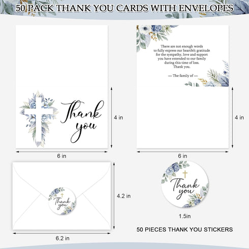 50Pcs FYSUIMU Funeral Thank You Card Cross Flower Sympathy Boxed Thank You Card with Sticker Envelope Blue Floral
