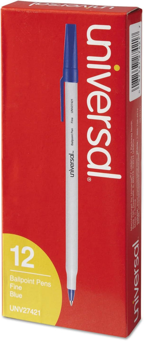 Universal UNV27421 Fine Stick Ballpoint Pen - 0.7 mm - Blue Ink - Gray/Blue Barrel - 1 Dozen